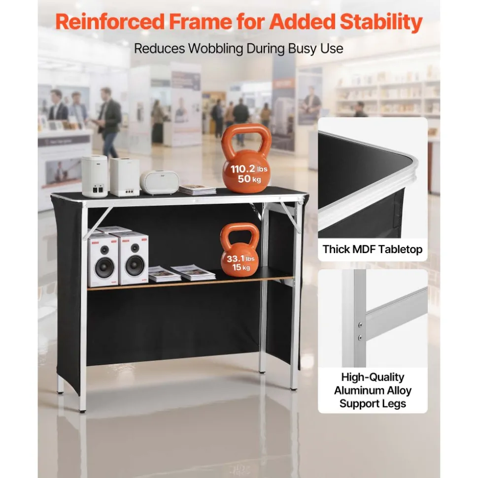 VEVOR Folding Portable Bar Table, 43.3 x 15.2 x 34.8 in, with Carry Bag, Storage Shelf, and Detachable Skirt, Quick and Easy Setup, Foldable Mobile Bartending Station for Events, Party, Tradeshow