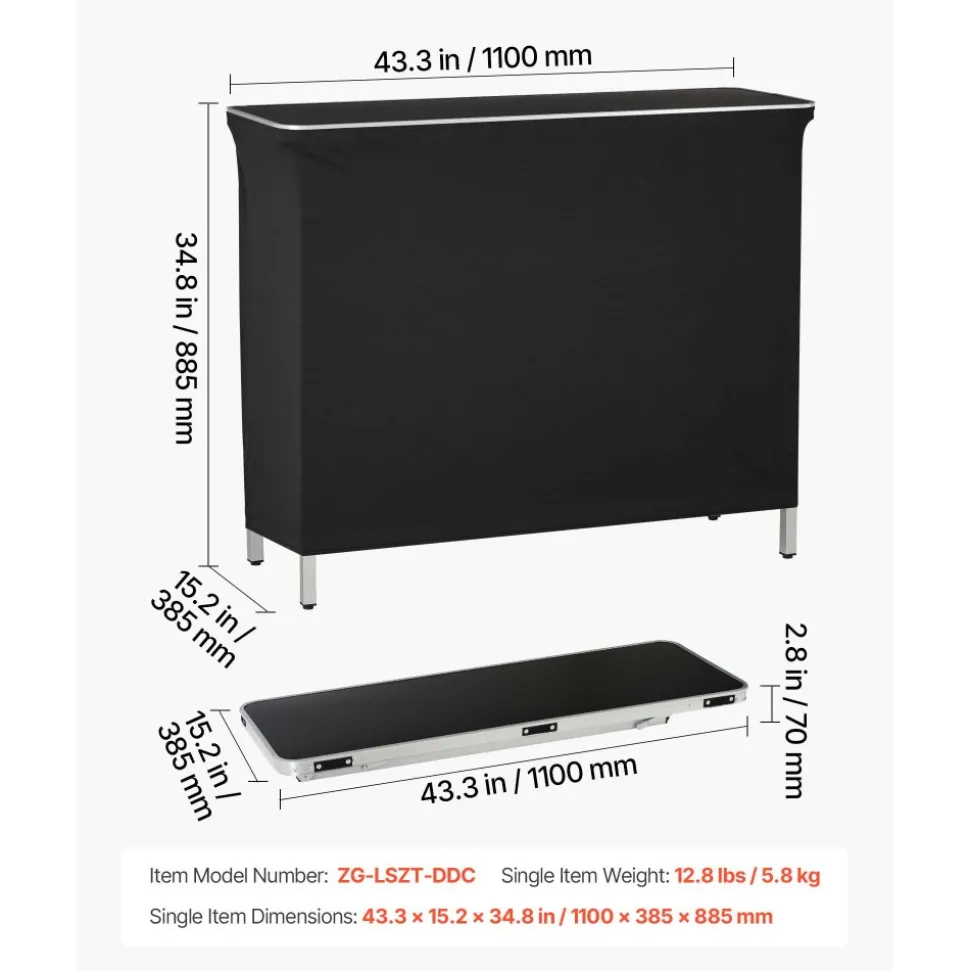 VEVOR Folding Portable Bar Table, 43.3 x 15.2 x 34.8 in, with Carry Bag, Storage Shelf, and Detachable Skirt, Quick and Easy Setup, Foldable Mobile Bartending Station for Events, Party, Tradeshow