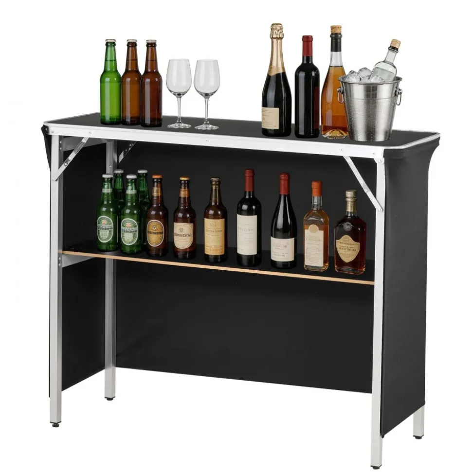VEVOR Folding Portable Bar Table, 43.3 x 15.2 x 34.8 in, with Carry Bag, Storage Shelf, and Detachable Skirt, Quick and Easy Setup, Foldable Mobile Bartending Station for Events, Party, Tradeshow