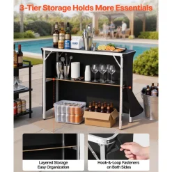 VEVOR Folding Portable Bar Table, 43.3 x 15.2 x 34.8 in, with Carry Bag, Storage Shelf, and Detachable Skirt, Quick and Easy Setup, Foldable Mobile Bartending Station for Events, Party, Tradeshow