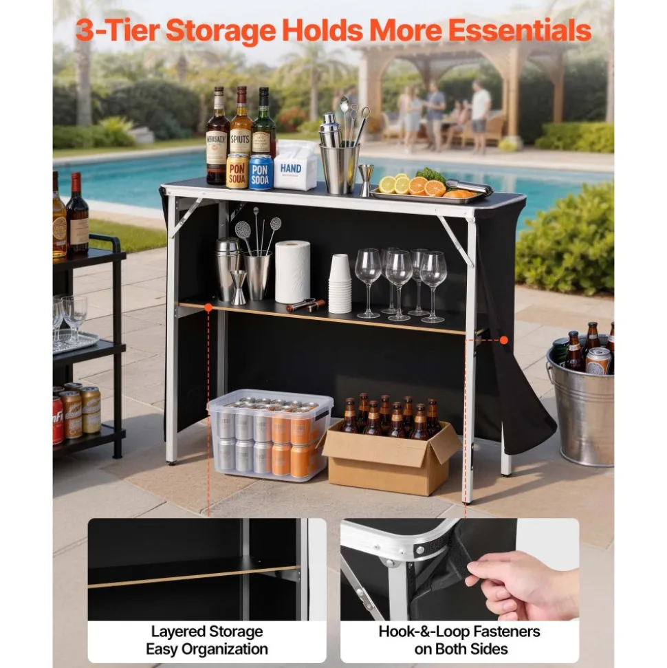 VEVOR Folding Portable Bar Table, 43.3 x 15.2 x 34.8 in, with Carry Bag, Storage Shelf, and Detachable Skirt, Quick and Easy Setup, Foldable Mobile Bartending Station for Events, Party, Tradeshow