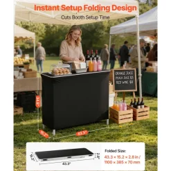 VEVOR Folding Portable Bar Table, 43.3 x 15.2 x 34.8 in, with Carry Bag, Storage Shelf, and Detachable Skirt, Quick and Easy Setup, Foldable Mobile Bartending Station for Events, Party, Tradeshow