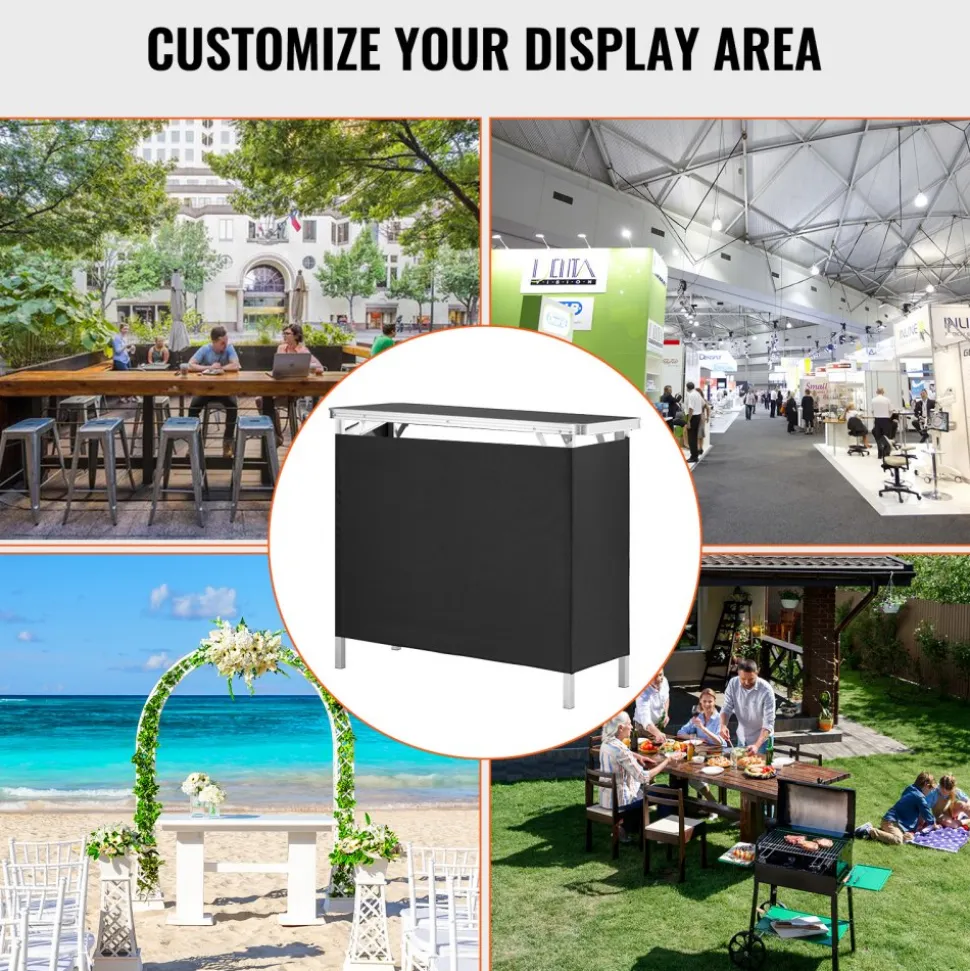 VEVOR Folding Portable Bar Table, Tradeshow Podium Table for Indoor, Outdoor, Party, Picnic, Exhibition, Includes Carrying Case, Storage Shelf and Black Skirt, 38.39" x 15.16" x 34.25"