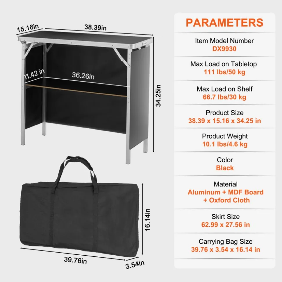 VEVOR Folding Portable Bar Table, Tradeshow Podium Table for Indoor, Outdoor, Party, Picnic, Exhibition, Includes Carrying Case, Storage Shelf and Black Skirt, 38.39" x 15.16" x 34.25"