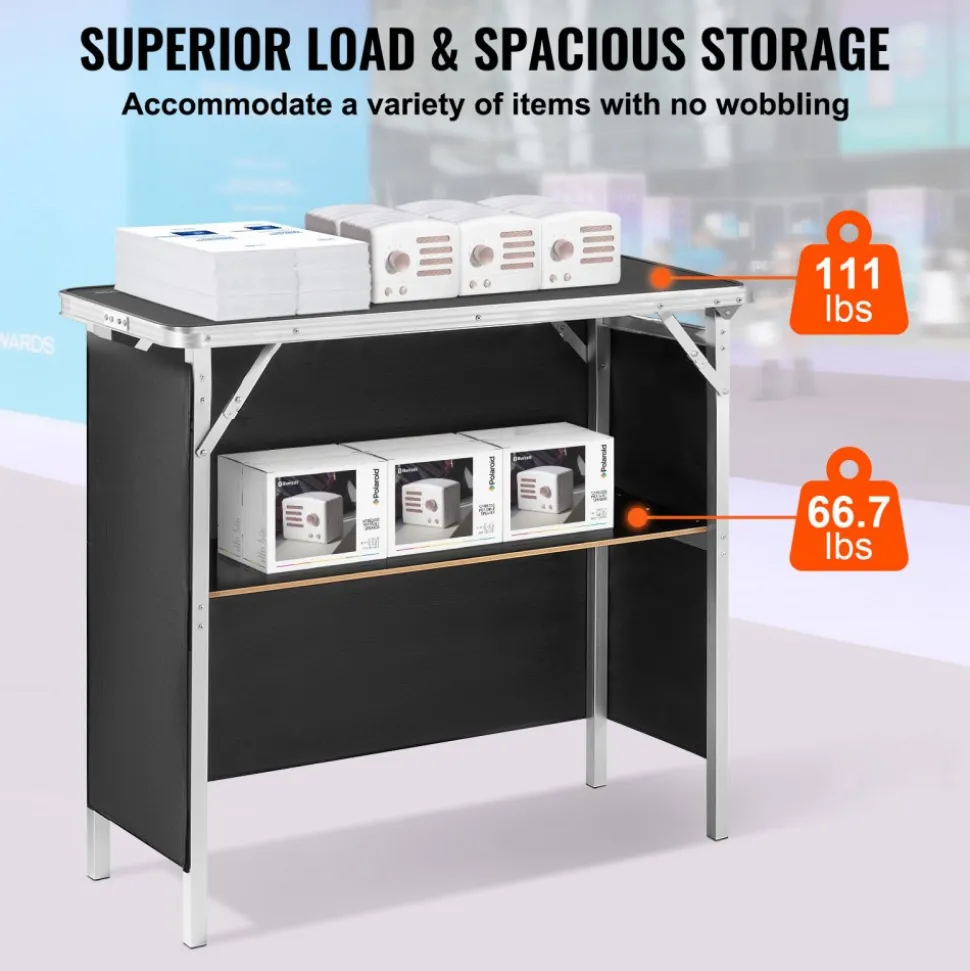 VEVOR Folding Portable Bar Table, Tradeshow Podium Table for Indoor, Outdoor, Party, Picnic, Exhibition, Includes Carrying Case, Storage Shelf and Black Skirt, 38.39" x 15.16" x 34.25"