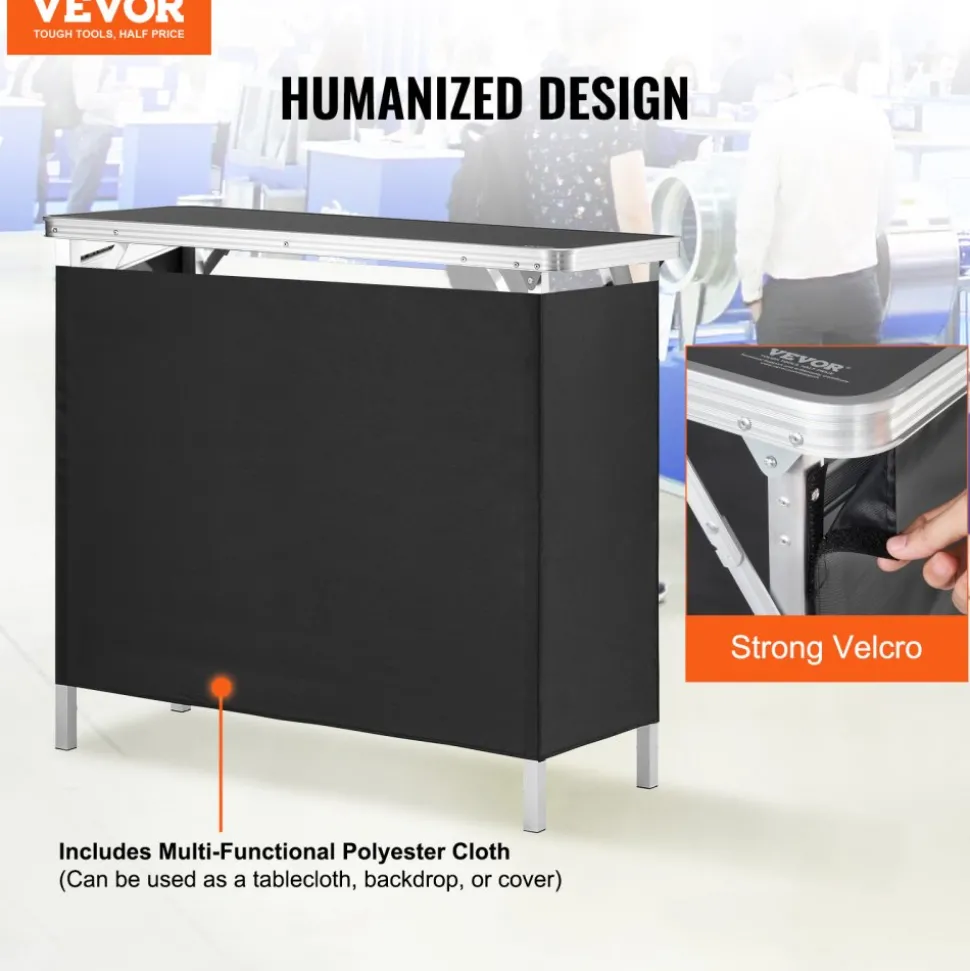 VEVOR Folding Portable Bar Table, Tradeshow Podium Table for Indoor, Outdoor, Party, Picnic, Exhibition, Includes Carrying Case, Storage Shelf and Black Skirt, 38.39" x 15.16" x 34.25"