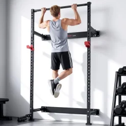 VEVOR Folding Power Cage, Wall-Mounted Power Rack Squat Rack, Multifunctional Strength Training Workout Equipment with Landmine Holder, Adjustable J-Hooks & Pull-Up Bar for Home Gym, 1000LBS Capacity