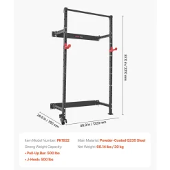 VEVOR Folding Power Cage, Wall-Mounted Power Rack Squat Rack, Multifunctional Strength Training Workout Equipment with Landmine Holder, Adjustable J-Hooks & Pull-Up Bar for Home Gym, 1000LBS Capacity