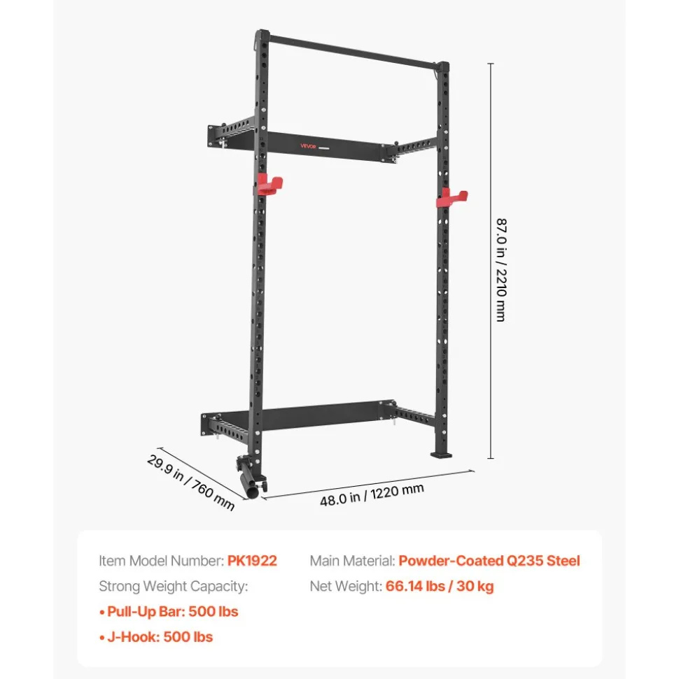 VEVOR Folding Power Cage, Wall-Mounted Power Rack Squat Rack, Multifunctional Strength Training Workout Equipment with Landmine Holder, Adjustable J-Hooks & Pull-Up Bar for Home Gym, 1000LBS Capacity