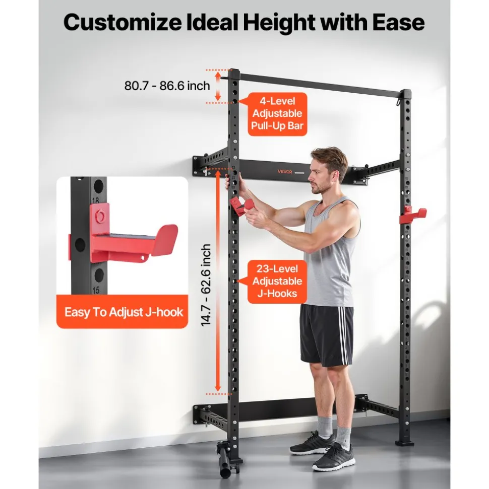 VEVOR Folding Power Cage, Wall-Mounted Power Rack Squat Rack, Multifunctional Strength Training Workout Equipment with Landmine Holder, Adjustable J-Hooks & Pull-Up Bar for Home Gym, 1000LBS Capacity