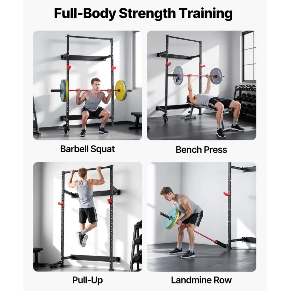 VEVOR Folding Power Cage, Wall-Mounted Power Rack Squat Rack, Multifunctional Strength Training Workout Equipment with Landmine Holder, Adjustable J-Hooks & Pull-Up Bar for Home Gym, 1000LBS Capacity