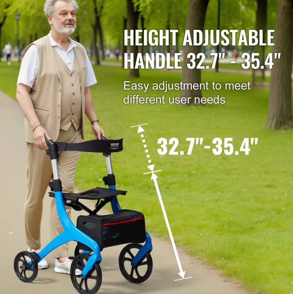 VEVOR Folding Rollator Walker for Seniors and Adults, Lightweight Aluminum Rolling Walker with Seat and Adjustable Handle, 4-Wheel Outdoor Mobility Walker with Spacious Storage Bag, 300LBS Capacity