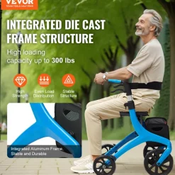 VEVOR Folding Rollator Walker for Seniors and Adults, Lightweight Aluminum Rolling Walker with Seat and Adjustable Handle, 4-Wheel Outdoor Mobility Walker with Spacious Storage Bag, 300LBS Capacity