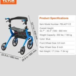 VEVOR Folding Rollator Walker for Seniors and Adults, Lightweight Aluminum Rolling Walker with Seat and Adjustable Handle, 4-Wheel Outdoor Mobility Walker with Spacious Storage Bag, 300LBS Capacity