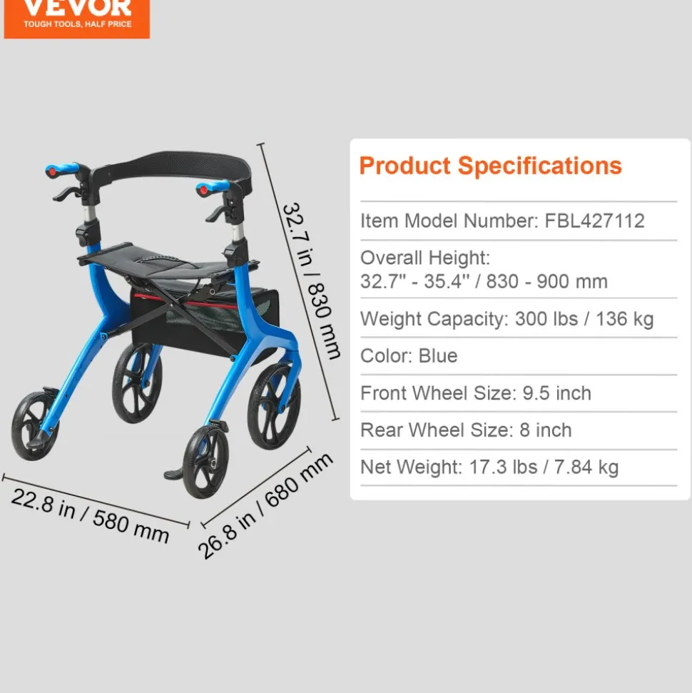 VEVOR Folding Rollator Walker for Seniors and Adults, Lightweight Aluminum Rolling Walker with Seat and Adjustable Handle, 4-Wheel Outdoor Mobility Walker with Spacious Storage Bag, 300LBS Capacity