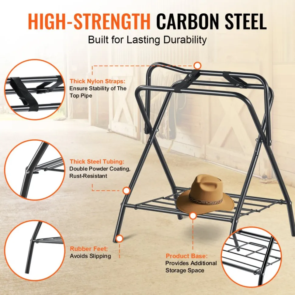 VEVOR Folding Saddle Rack, 28 x 19 x 37.5 in, 2 Packs Freestanding Horse Saddle Stand, Portable Horse Blanket Holder, Heavy Duty Steel Saddle Rack for English & Western Saddles, Tack Storage, Black