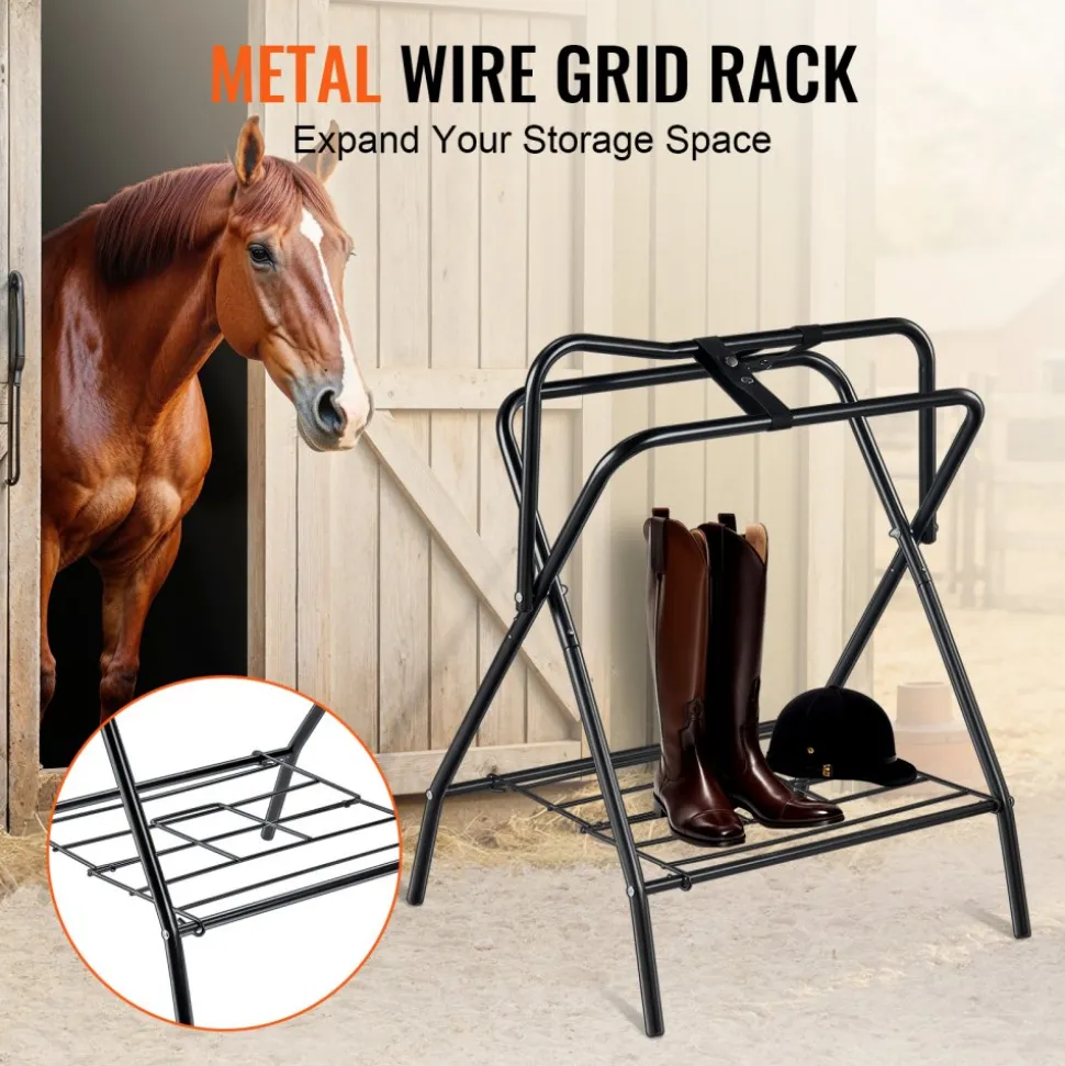 VEVOR Folding Saddle Rack, 28 x 19 x 37.5 in, 2 Packs Freestanding Horse Saddle Stand, Portable Horse Blanket Holder, Heavy Duty Steel Saddle Rack for English & Western Saddles, Tack Storage, Black