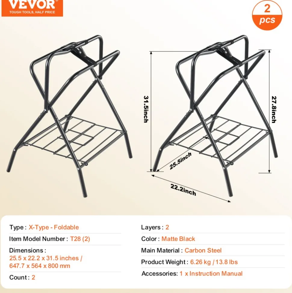 VEVOR Folding Saddle Rack, 28 x 19 x 37.5 in, 2 Packs Freestanding Horse Saddle Stand, Portable Horse Blanket Holder, Heavy Duty Steel Saddle Rack for English & Western Saddles, Tack Storage, Black