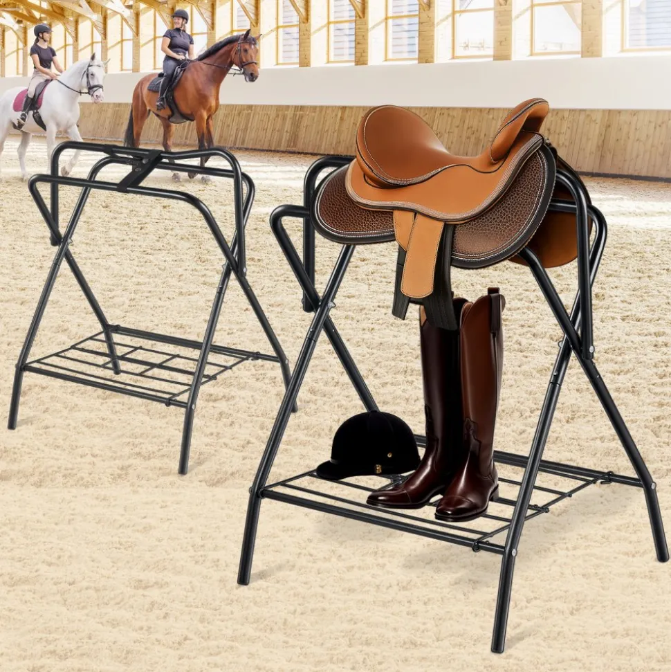 VEVOR Folding Saddle Rack, 28 x 19 x 37.5 in, 2 Packs Freestanding Horse Saddle Stand, Portable Horse Blanket Holder, Heavy Duty Steel Saddle Rack for English & Western Saddles, Tack Storage, Black