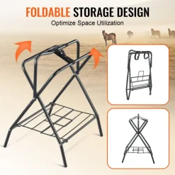 VEVOR Folding Saddle Rack, 28 x 19 x 37.5 in, Freestanding Horse Saddle Stand, Portable Horse Blanket Holder, Heavy Duty Steel Saddle Rack for English & Western Saddles, Tack Storage, Black