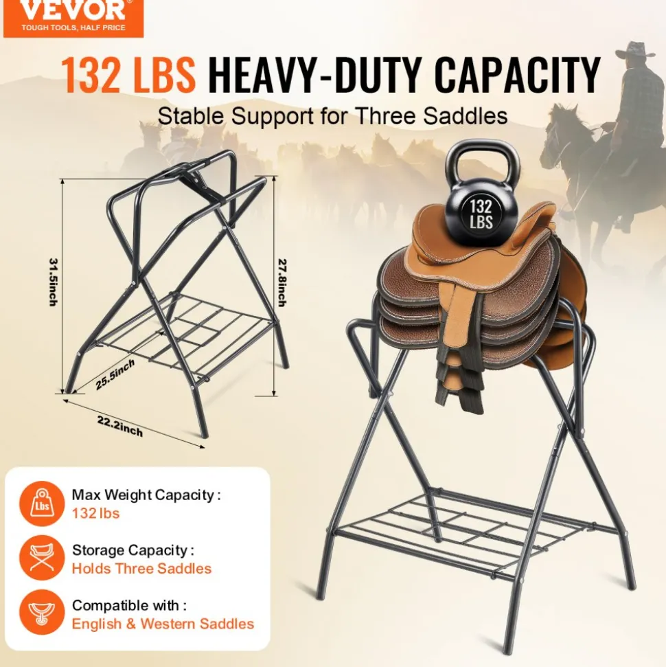 VEVOR Folding Saddle Rack, 28 x 19 x 37.5 in, Freestanding Horse Saddle Stand, Portable Horse Blanket Holder, Heavy Duty Steel Saddle Rack for English & Western Saddles, Tack Storage, Black