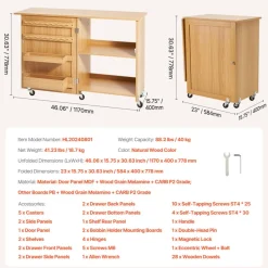 VEVOR Folding Sewing Table, Multipurpose Sewing Machine Table with Compact Design, Wheels, Shelves, Storage Trays, Wooden Pegs, and Magnetic Doors, Sewing Desk Cabinet for Sewing Machine, Wood Color