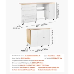 VEVOR Folding Sewing Table, Multipurpose Sewing Machine Table with Cabinet, Charging Station, Compact Design, Wheels, Wooden Pegs, Storage Trays and Shelf, Craft Station and Side Desk for Home