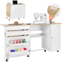 VEVOR Folding Sewing Table, Multipurpose Sewing Machine Table with Compact Design, Wheels, Wooden Pegs, Storage Trays and Shelf, Magnetic Door Lock, Craft Station and Side Desk for Home, Light Green
