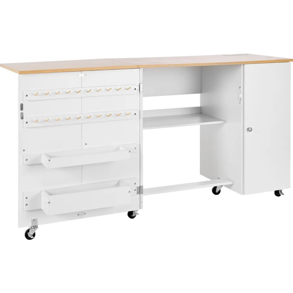 VEVOR Folding Sewing Table, Multipurpose Sewing Machine Table with Compact Design, Wheels, Wooden Pegs, Storage Trays and Shelf, Magnetic Door Lock, Craft Station and Side Desk for Home, Light Green
