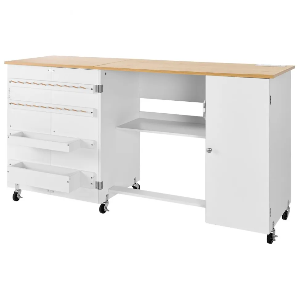 VEVOR Folding Sewing Table, Multipurpose Sewing Machine Table with Compact Design, Wheels, Wooden Pegs, Storage Trays and Shelf, Magnetic Door Lock, Craft Station and Side Desk for Home, Light Green