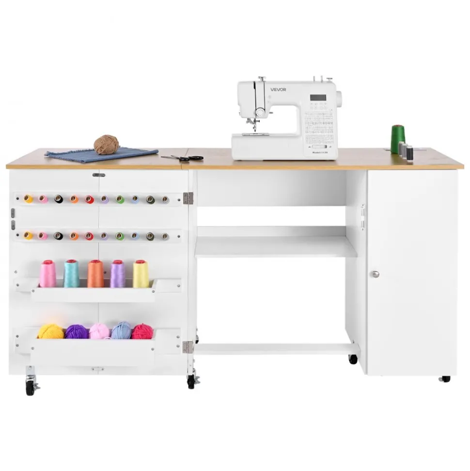 VEVOR Folding Sewing Table, Multipurpose Sewing Machine Table with Compact Design, Wheels, Wooden Pegs, Storage Trays and Shelf, Magnetic Door Lock, Craft Station and Side Desk for Home, Light Green