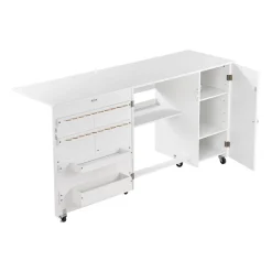 VEVOR Folding Sewing Table, Multipurpose Sewing Machine Table with Cabinet, Compact Design, Wheels, Wooden Pegs, Storage Trays and Shelf, Magnetic Door, Craft Station and Side Desk for Home, White