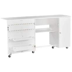 VEVOR Folding Sewing Table, Multipurpose Sewing Machine Table with Compact Design, Wheels, Shelves, Storage Trays, Wooden Pegs, and Magnetic Doors, Sewing Desk Cabinet for Sewing Machine, White