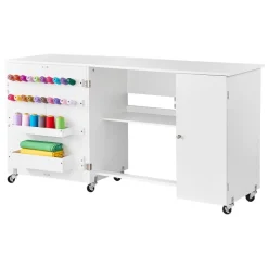 VEVOR Folding Sewing Table, Multipurpose Sewing Machine Table with Compact Design, Wheels, Shelves, Storage Trays, Wooden Pegs, and Magnetic Doors, Sewing Desk Cabinet for Sewing Machine, White