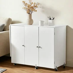 VEVOR Folding Sewing Table, Multipurpose Sewing Machine Table with Compact Design, Wheels, Shelves, Storage Trays, Wooden Pegs, and Magnetic Doors, Sewing Desk Cabinet for Sewing Machine, White