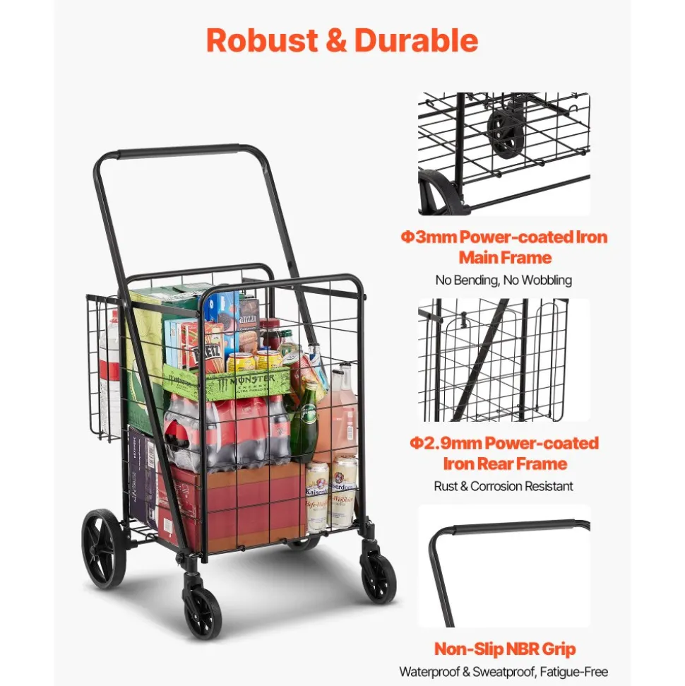 VEVOR Folding Shopping Cart, Jumbo Grocery Cart with Double Baskets, 360° Swivel Wheels, Heavy Duty Utility Cart, 110 LBS Large Capacity Utility Cart for Laundry, Shopping, Grocery, Luggage