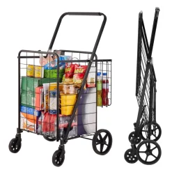 VEVOR Folding Shopping Cart, Jumbo Grocery Cart with Double Baskets, 360° Swivel Wheels, Heavy Duty Utility Cart, 110 LBS Large Capacity Utility Cart for Laundry, Shopping, Grocery, Luggage