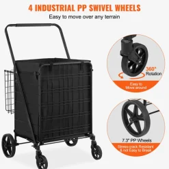 VEVOR Folding Shopping Cart with Removable Waterproof Liner, 210LBS Large Capacity Jumbo Grocery Cart with Dual Basket, 360° Swivel Wheels, Dense Metal Mesh Base, Heavy Duty Utility Cart for Shopping