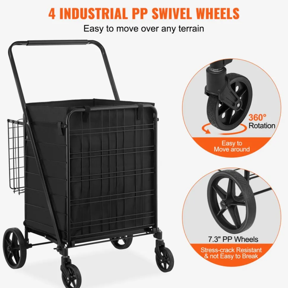 VEVOR Folding Shopping Cart with Removable Waterproof Liner, 210LBS Large Capacity Jumbo Grocery Cart with Dual Basket, 360° Swivel Wheels, Dense Metal Mesh Base, Heavy Duty Utility Cart for Shopping