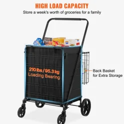 VEVOR Folding Shopping Cart with Removable Waterproof Liner, 210LBS Large Capacity Jumbo Grocery Cart with Dual Basket, 360° Swivel Wheels, Dense Metal Mesh Base, Heavy Duty Utility Cart for Shopping