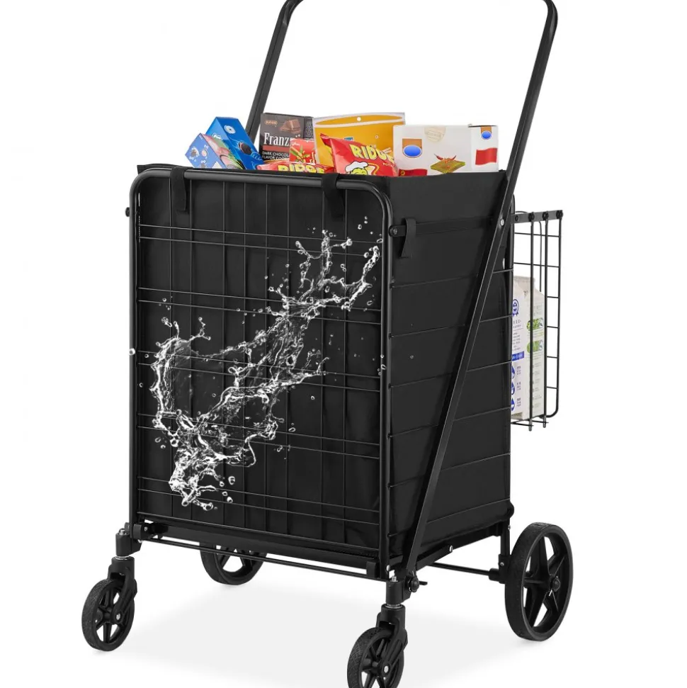 VEVOR Folding Shopping Cart with Removable Waterproof Liner, 210LBS Large Capacity Jumbo Grocery Cart with Dual Basket, 360° Swivel Wheels, Dense Metal Mesh Base, Heavy Duty Utility Cart for Shopping