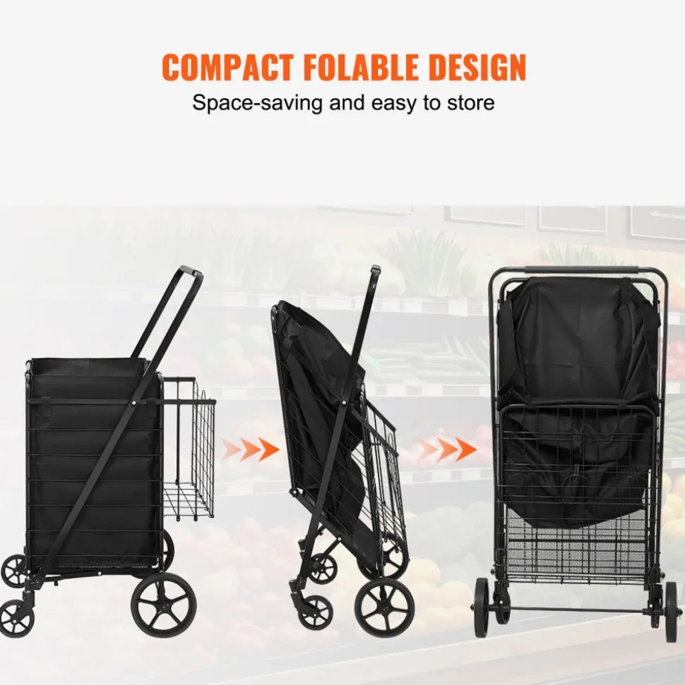 VEVOR Folding Shopping Cart with Removable Waterproof Liner, 210LBS Large Capacity Jumbo Grocery Cart with Dual Basket, 360° Swivel Wheels, Dense Metal Mesh Base, Heavy Duty Utility Cart for Shopping