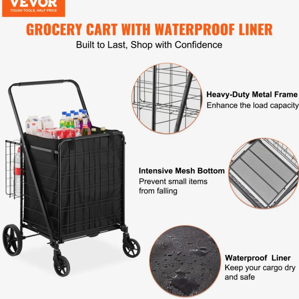 VEVOR Folding Shopping Cart with Removable Waterproof Liner, 210LBS Large Capacity Jumbo Grocery Cart with Dual Basket, 360° Swivel Wheels, Dense Metal Mesh Base, Heavy Duty Utility Cart for Shopping