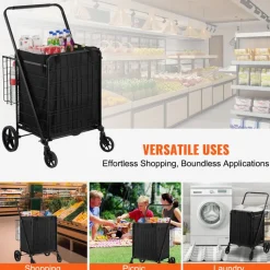 VEVOR Folding Shopping Cart with Removable Waterproof Liner, 210LBS Large Capacity Jumbo Grocery Cart with Dual Basket, 360° Swivel Wheels, Dense Metal Mesh Base, Heavy Duty Utility Cart for Shopping