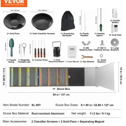 VEVOR Folding Sluice Box Gold Panning Kit, 50 Inch 23pc Gold Prospecting Equipment Kit with Gold Pan, Classifier Screen, Separating Magnet, Backpack and More
