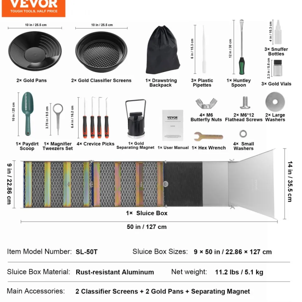 VEVOR Folding Sluice Box Gold Panning Kit, 50 Inch 23pc Gold Prospecting Equipment Kit with Gold Pan, Classifier Screen, Separating Magnet, Backpack and More