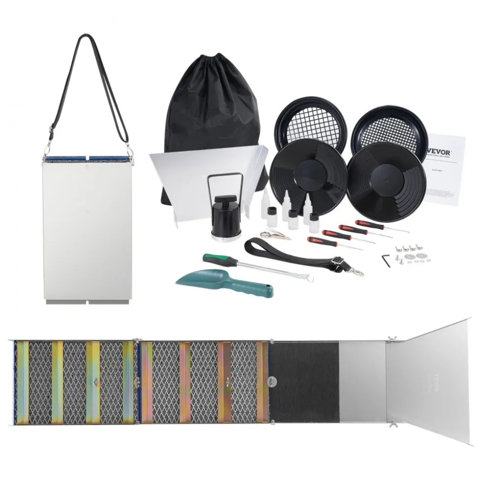 VEVOR Folding Sluice Box Gold Panning Kit, 50 Inch 23pc Gold Prospecting Equipment Kit with Gold Pan, Classifier Screen, Separating Magnet, Backpack and More