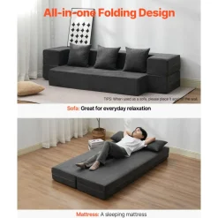 VEVOR Folding Sofa Bed, 3-in-1 Foldable Couch Bed with 3 Pillows and Washable Cover, 25D High Density Memory Foam Convertible Sleeper Chair Bed, Futon Couch for Living Room, Bedroom, Dark Grey(Twin)