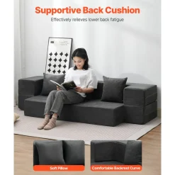 VEVOR Folding Sofa Bed, 3-in-1 Foldable Couch Bed with 3 Pillows and Washable Cover, 25D High Density Memory Foam Convertible Sleeper Chair Bed, Futon Couch for Living Room, Bedroom, Dark Grey(Twin)
