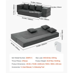 VEVOR Folding Sofa Bed, 3-in-1 Foldable Couch Bed with 3 Pillows and Washable Cover, 25D High Density Memory Foam Convertible Sleeper Chair Bed, Futon Couch for Living Room, Bedroom, Dark Grey(Twin)